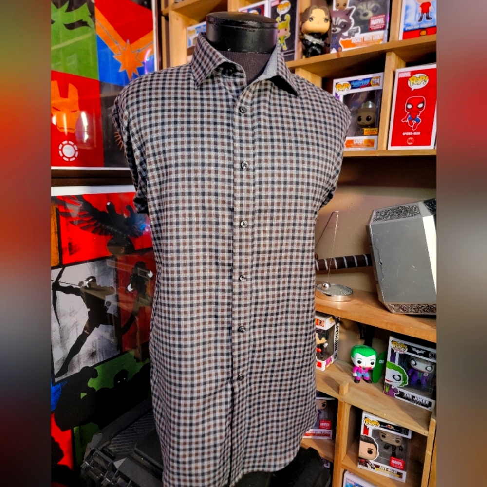 Gray brown navy sheckered casual dress shirt